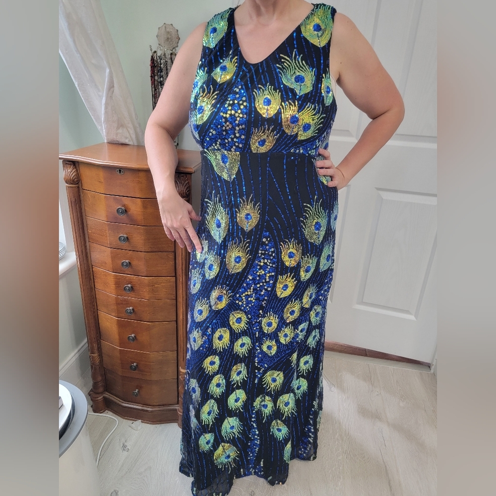 SHEIN Blue and Green Peacock Maxi Dress